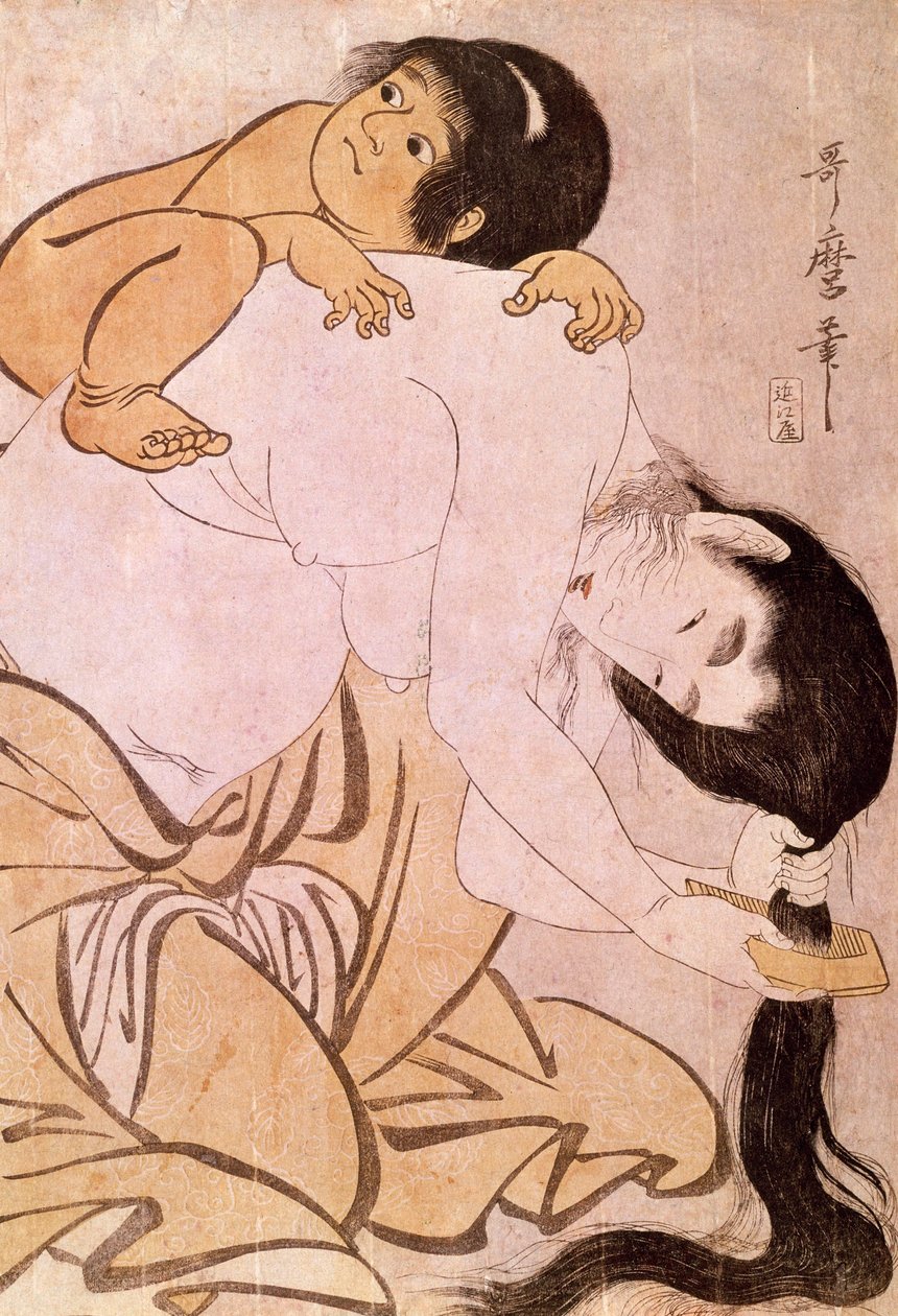Yamauba and Kintoki. The mother combs her hair while carrying her child on her back. Japanese print by Utamaro Kitagawa. 18th century. Paris, Guimet Museum, Asian Arts Museum by Kitagawa Utamaro