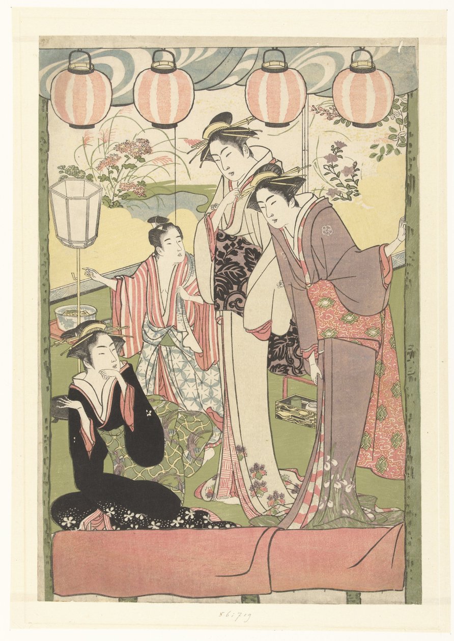 Three Women and a Boy Under Lanterns by Kitao Masanobu (attributed to)