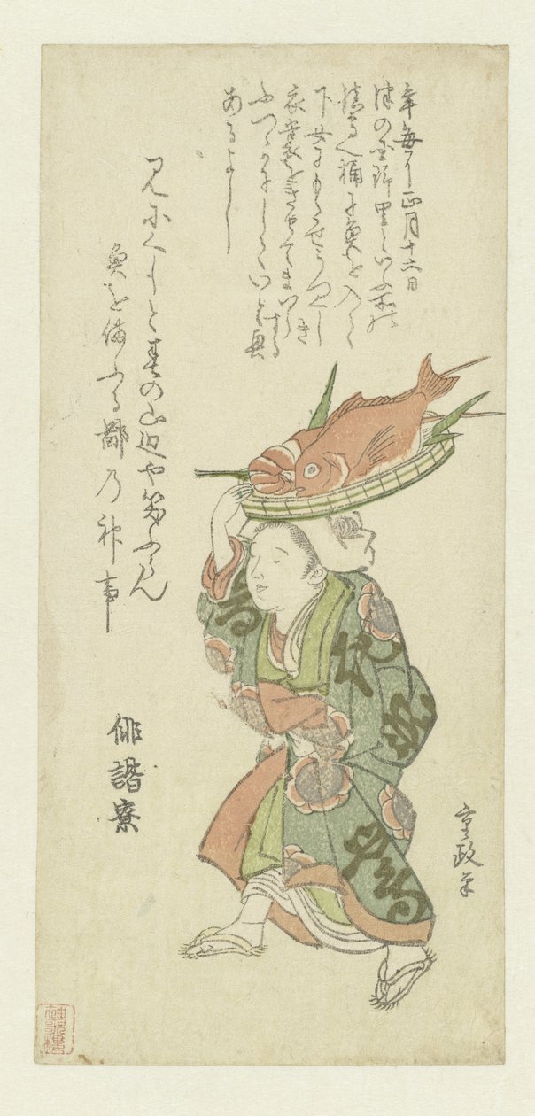 Woman Carrying a Tray of Fish on her Head by Kitao Shigemasa