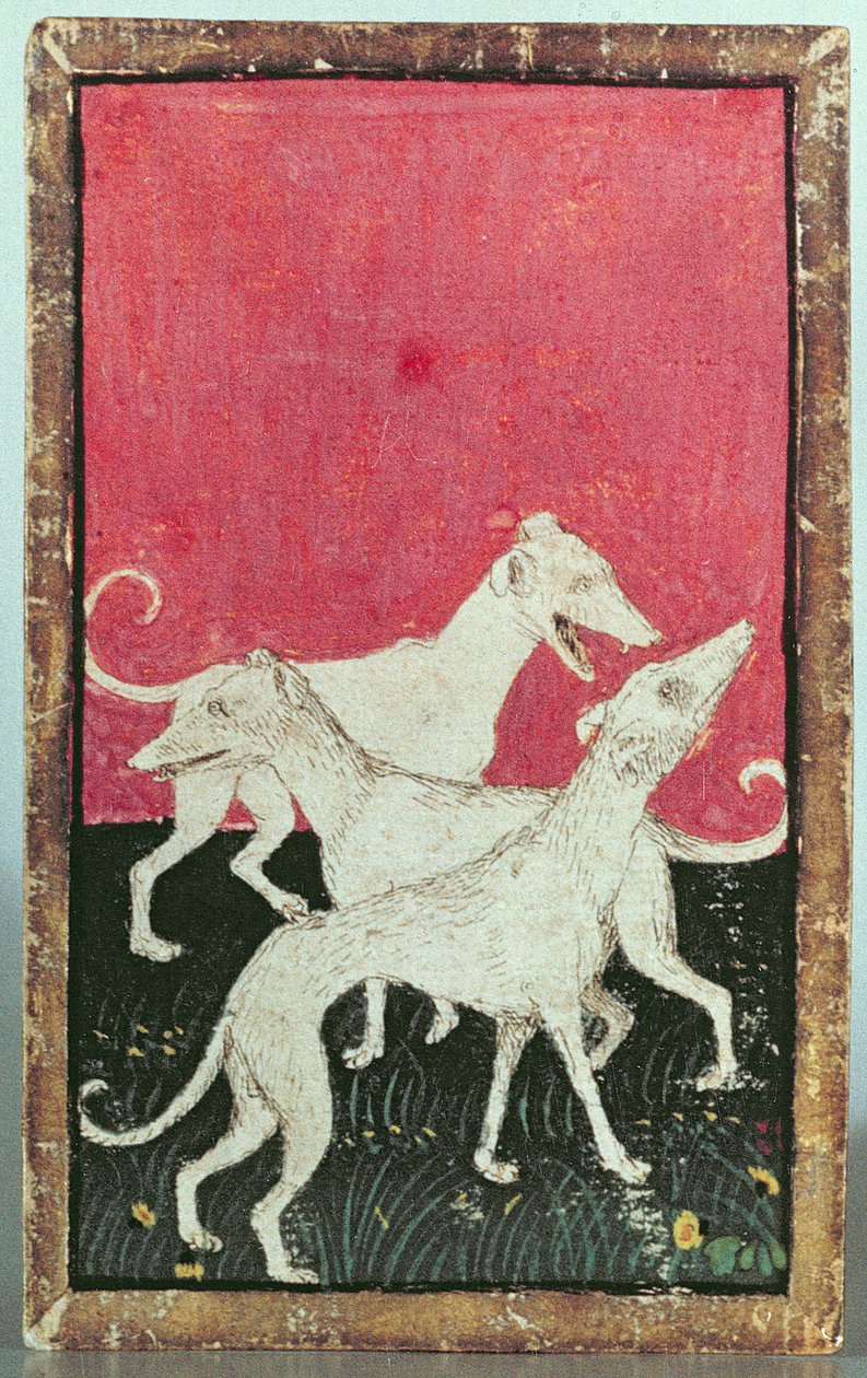 Three Hunting Dogs, One of a Set of Playing Cards Depicting Scenes of Courtly Hawking by Konrad Witz