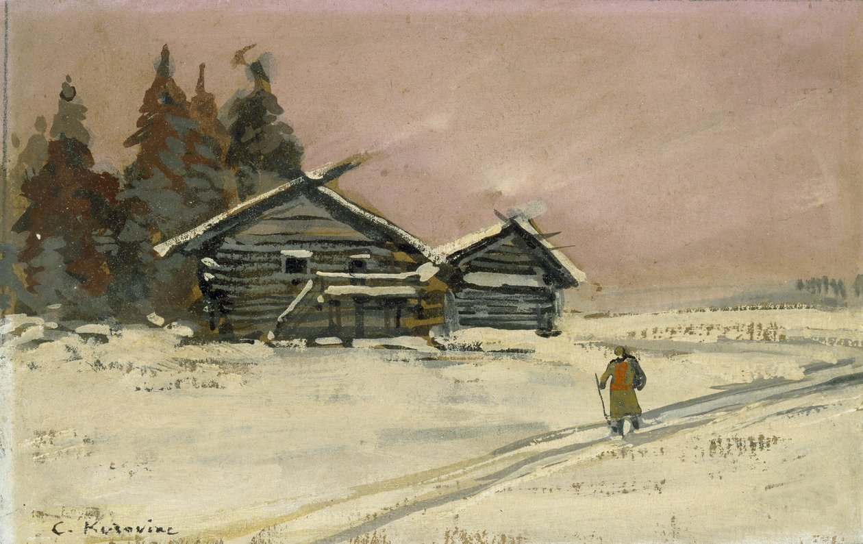 Winter Landscape with Two Wooden Huts by Konstantin Alekseevich Korovin