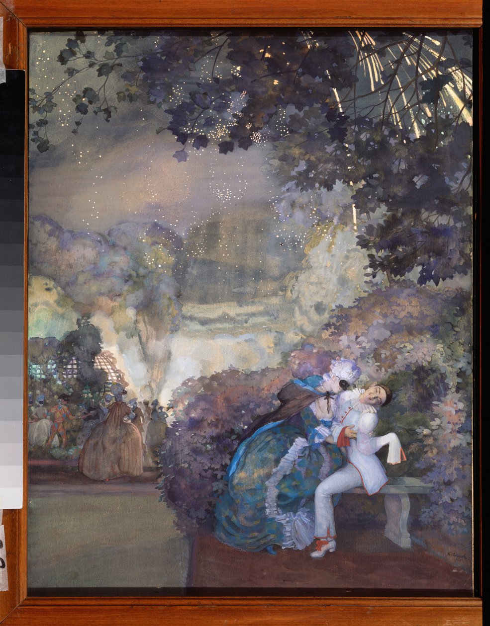 Pierrot and a Woman. (Flirtation at a masked ball). Work by Konstantin Andreyevich Somov, gouache on paper by Konstantin Andreevic Somov