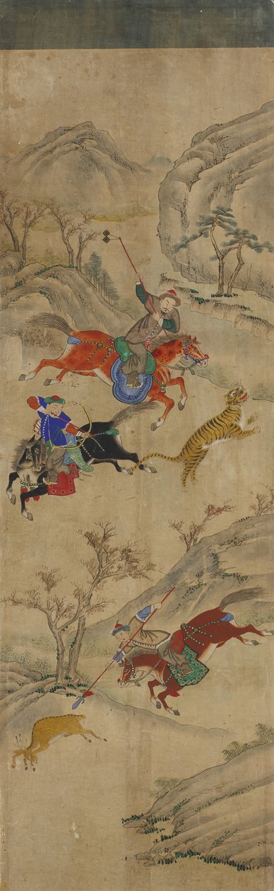 Hunting Scene (3 riders hunting deer and tiger) by Korean School