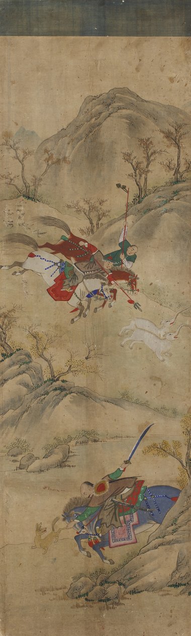 Hunting Scene (3 riders with rabbit and mythical animals) by Korean School