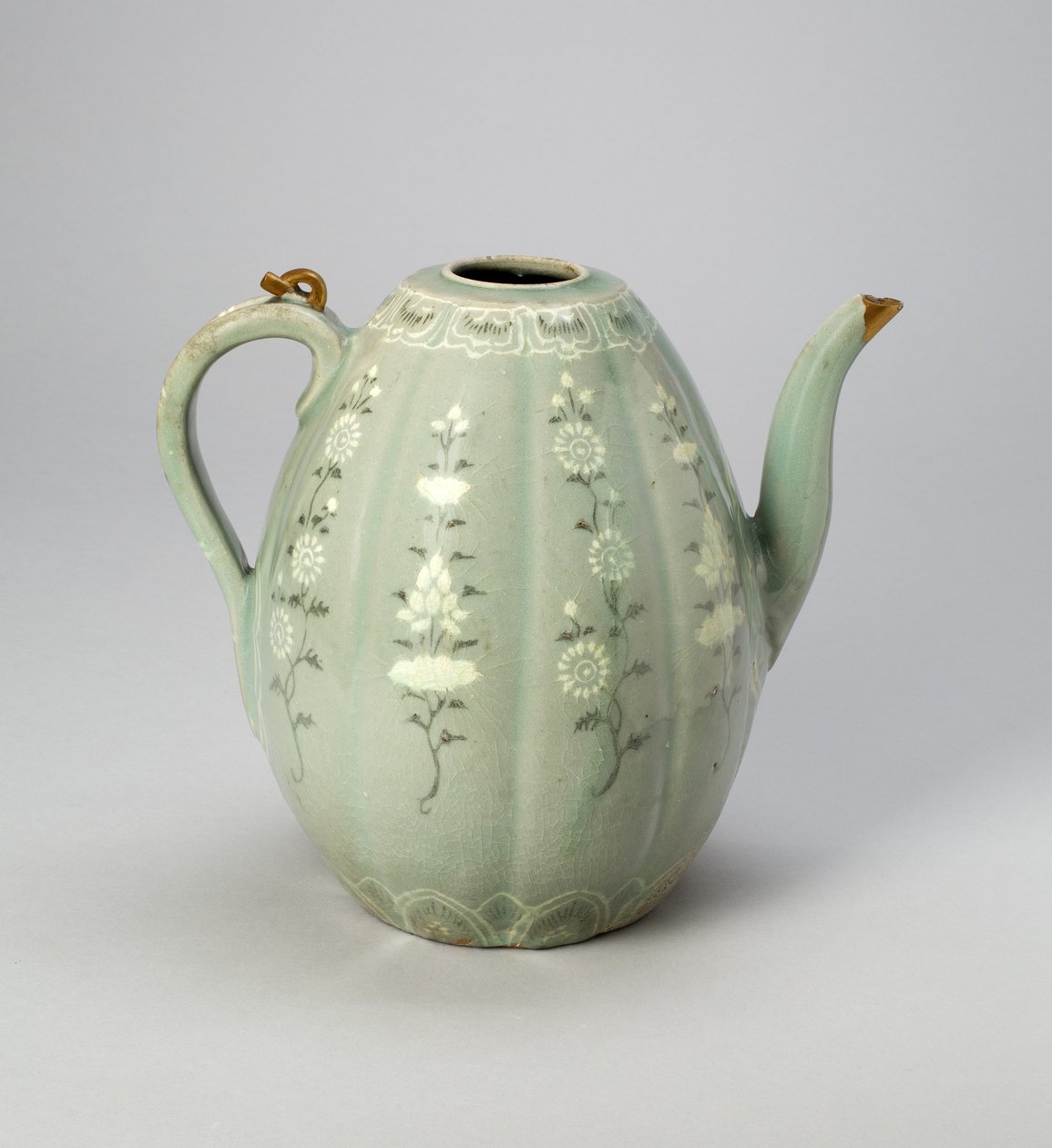 Melon-Shaped Ewer with Stylized Floral Scrolls by Korean School