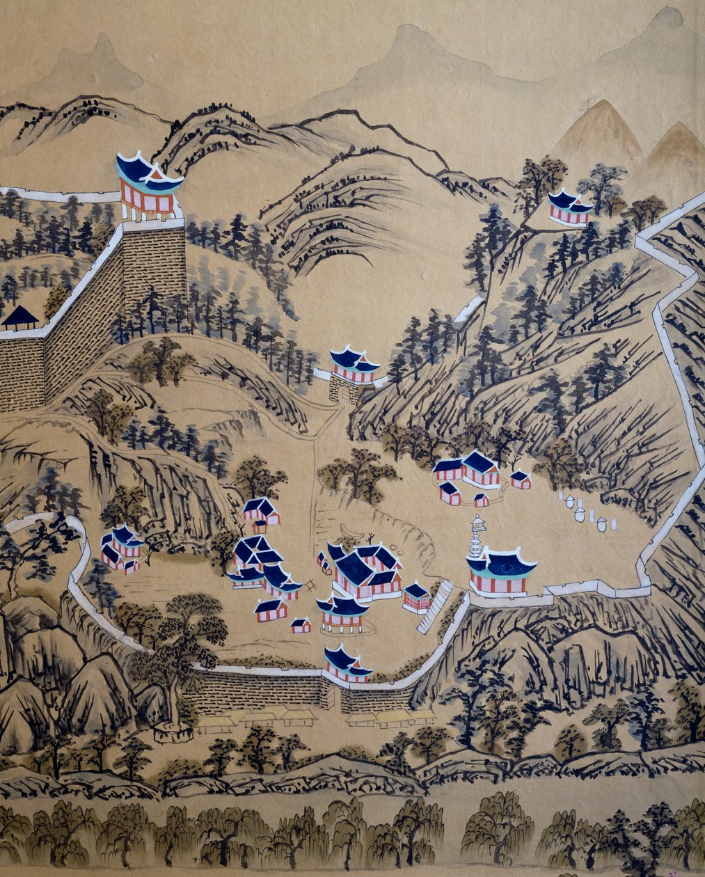 Walled town, detail from screen depicting visit of Governor in P