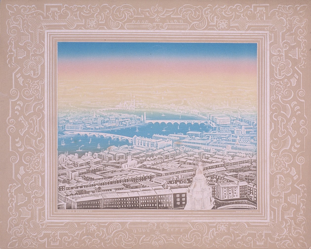 Aerial view of London showing Waterloo Bridge and Blackfriars Bridge, c. 1845 by Kronheim and Co