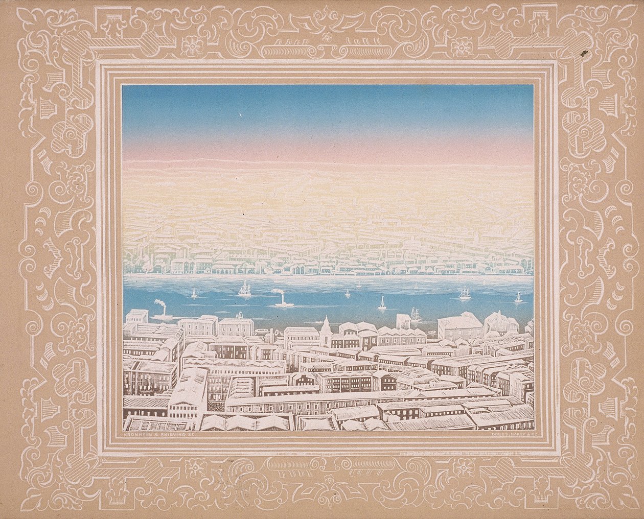Aerial view of London with decorative border by Kronheim and Co