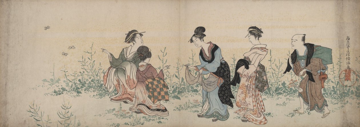 Four Girls and a Servant Enjoying Wild Flowers and Butterflies by Kubo Shunman