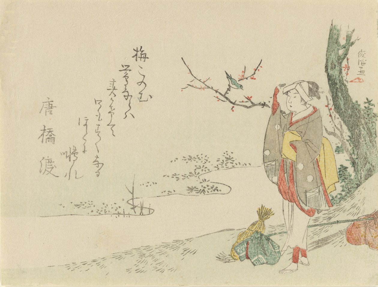 Traveling Woman Pauses to Listen to a Warbler, 1797 by Kubo Shunman
