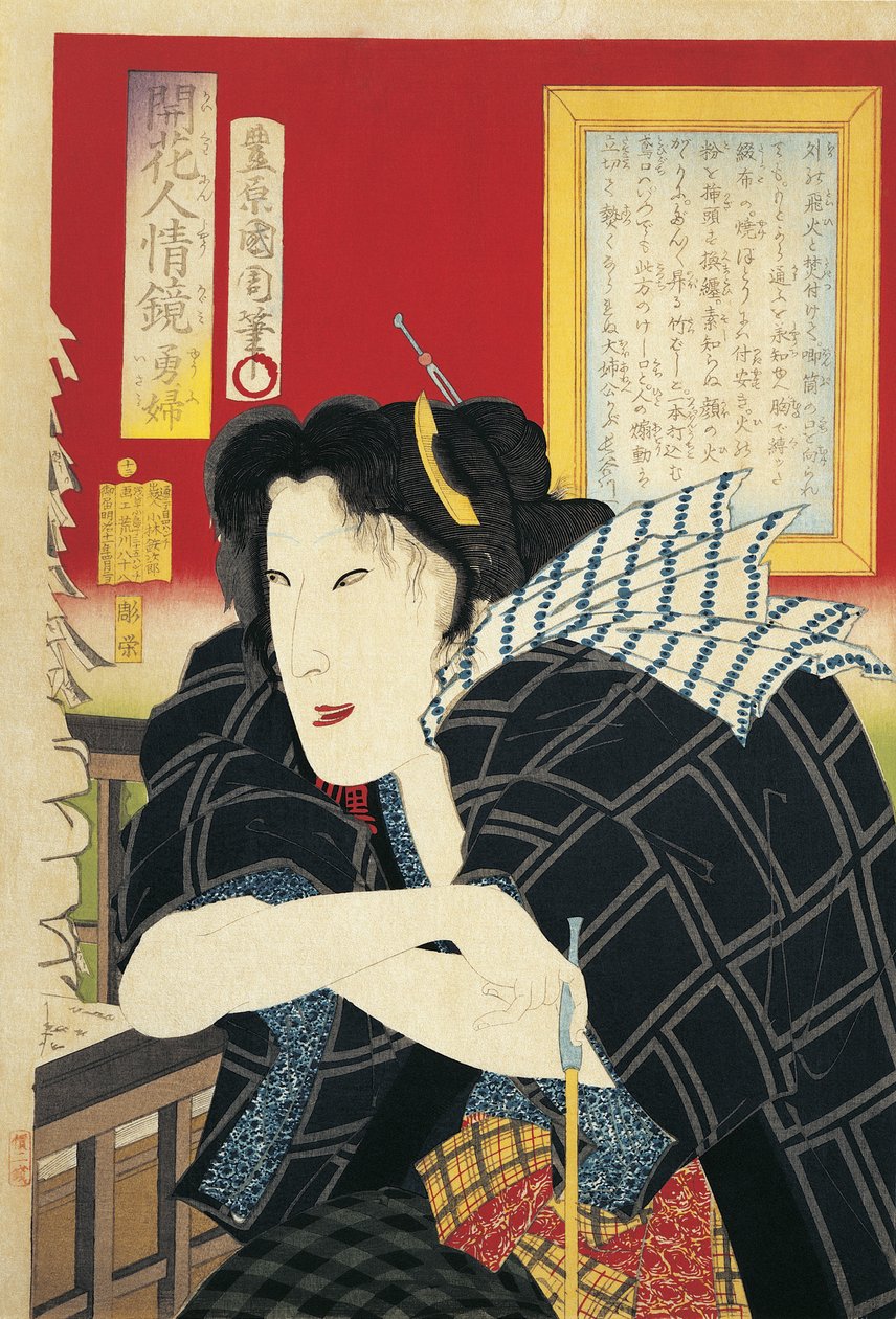 Close-up of a woman holding a pipe by Toyohara Kunichika
