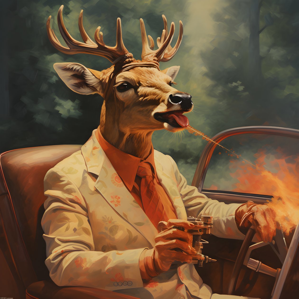 A Deer with a Cigar in His Mouth Driving a Convertible Automobile 2 by Kurt Heppke