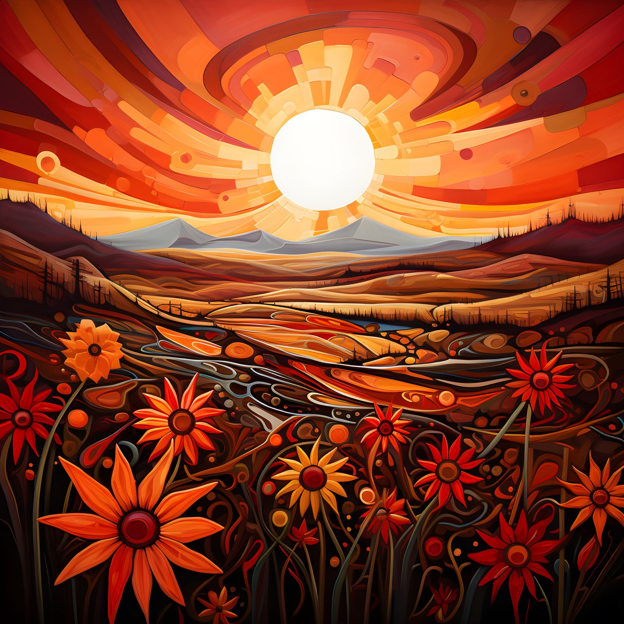 Abstract Landscape Art Featuring a Field of Wildflowers and a Bold Red Sun by Kurt Heppke