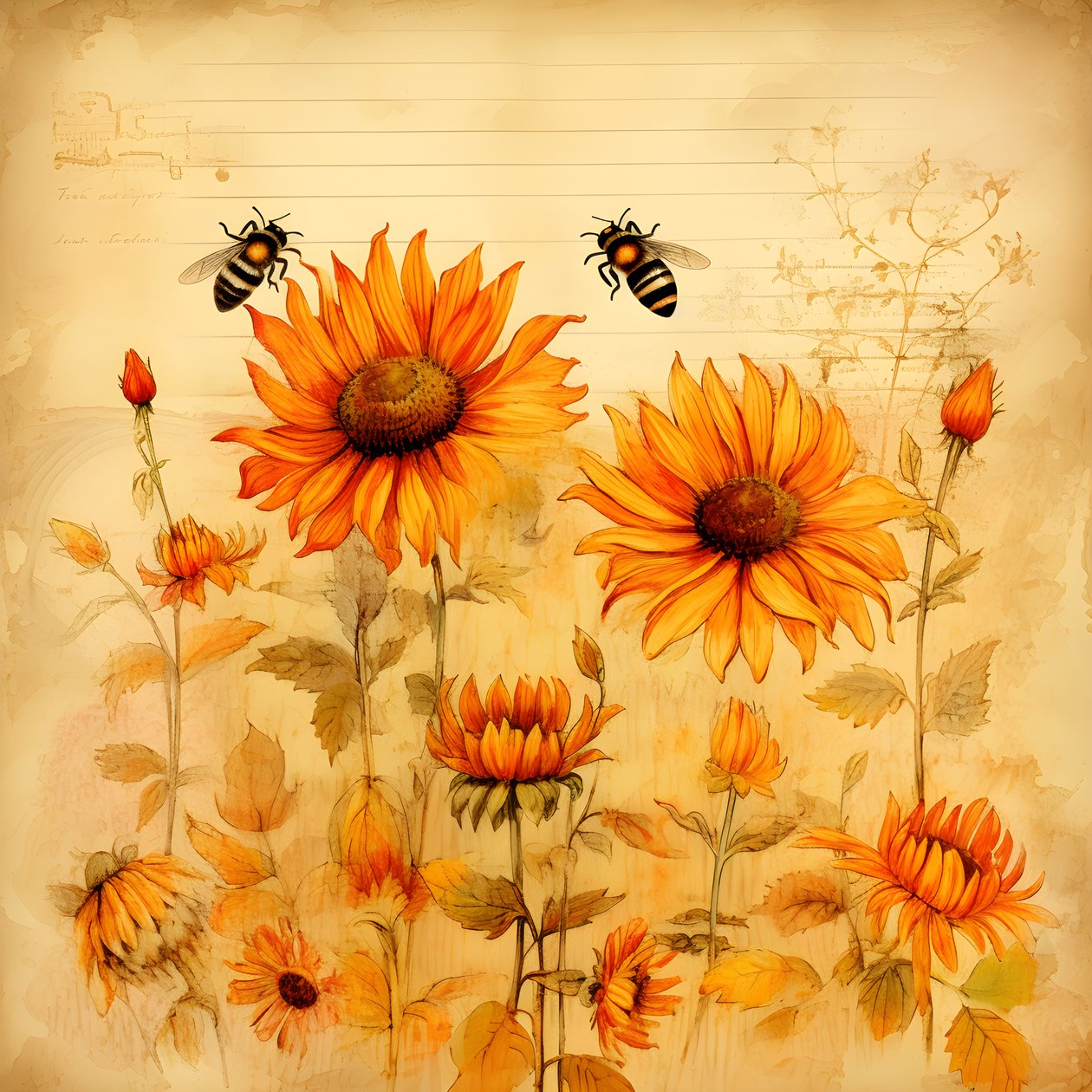 Watercolor Sunflowers and Bees Silhouettes Filled with Handwritten Autumn Poems 1 by Kurt Heppke