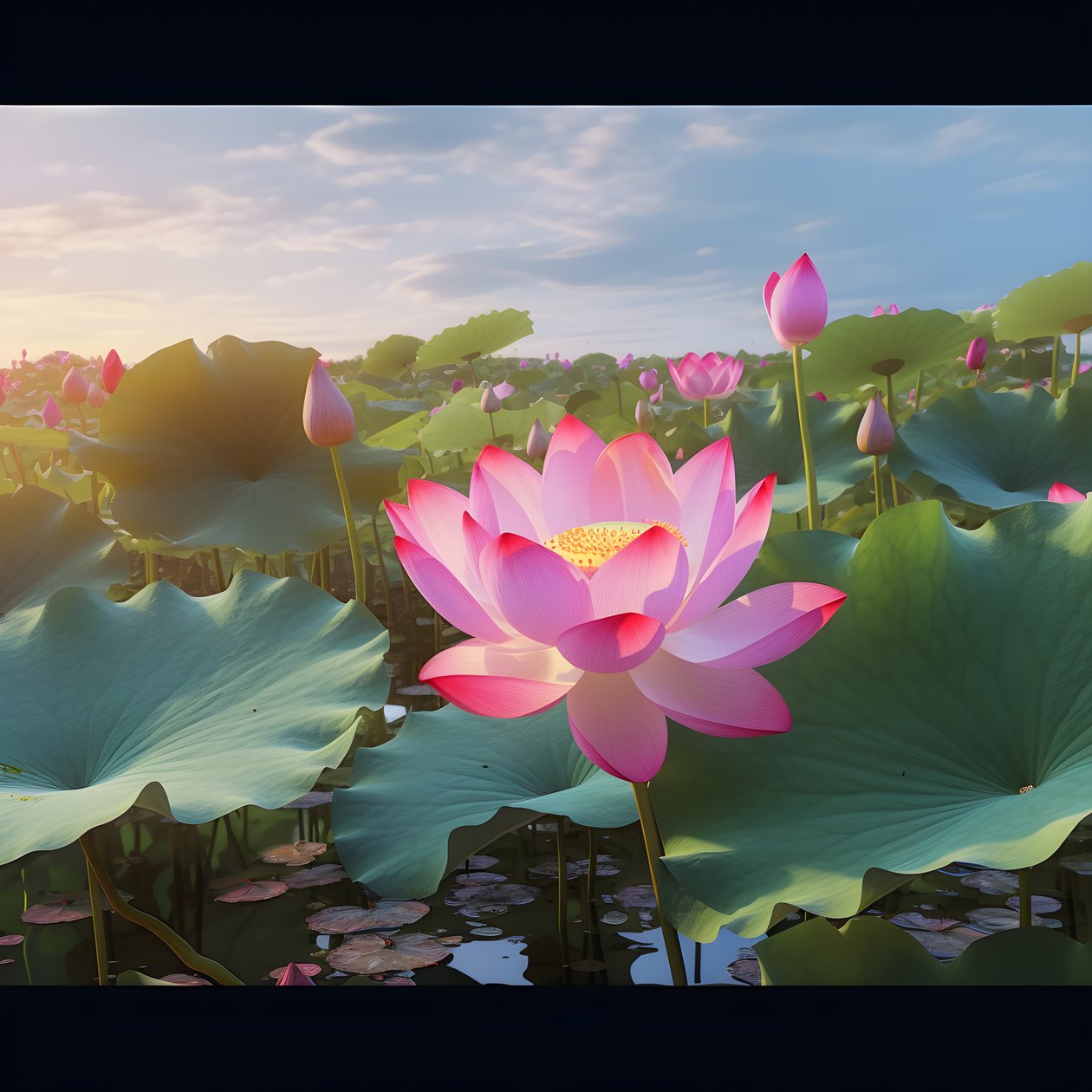 On the Clear Water Surface Bloom Large and Beautiful Lotus Flowers, Green Lotus Leaves and Dew on the Lotus Flowers. The Sunset Shines on the Water Surface 4 by Kurt Heppke