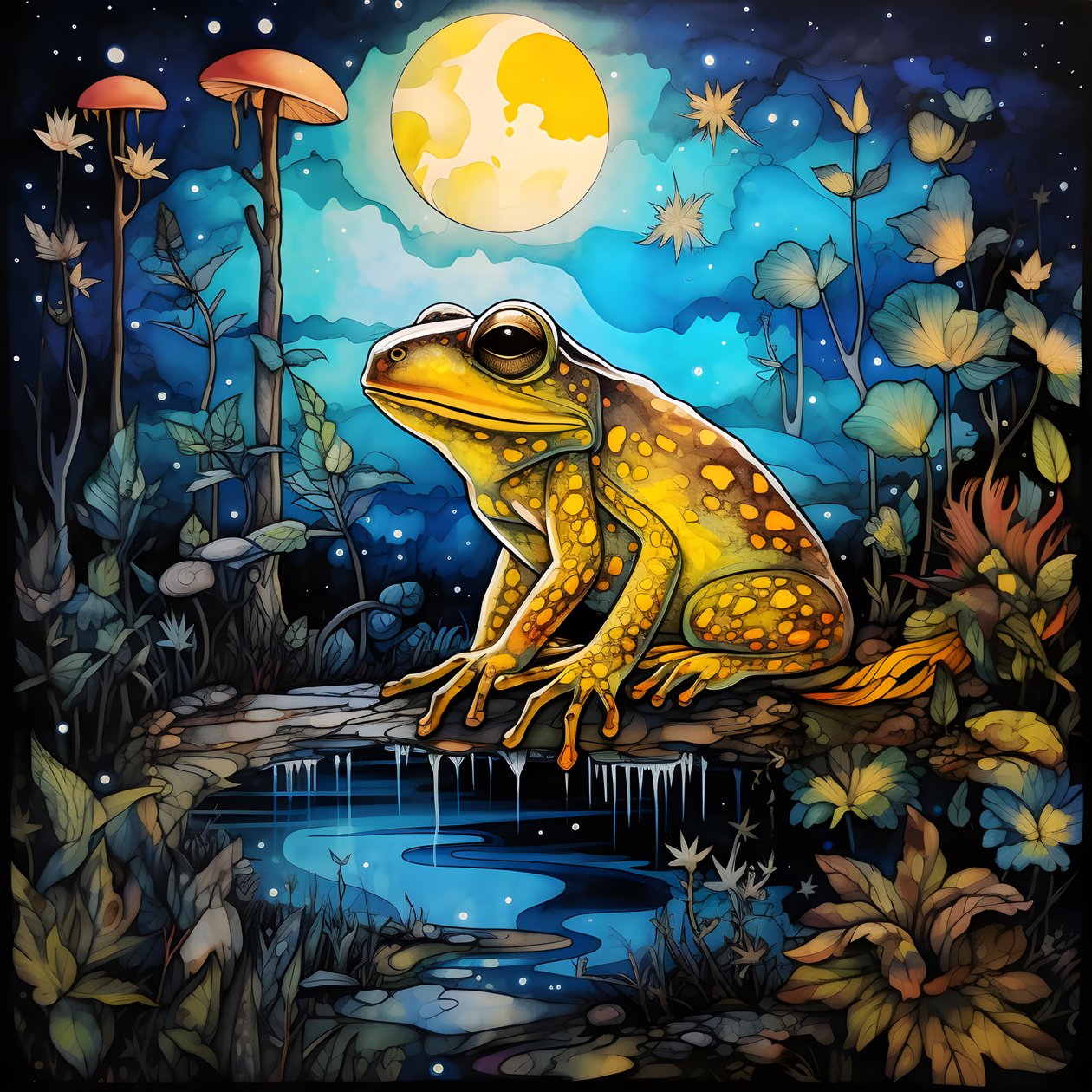 A Yellow Frog in the Forest, Moon, River 1 by Kurt Heppke