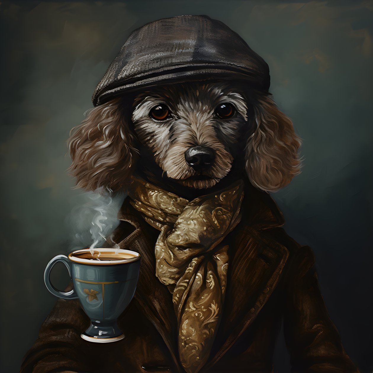 A Cultivated Poodle Drinks a Cup of Tea, Wears a Turtleneck and a Flat Cap, Smoky Background 1 by Kurt Heppke
