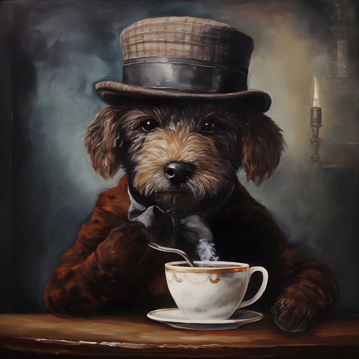 A Cultivated Poodle Drinks a Cup of Tea, Wears a Turtleneck and a Flat Cap, Smoky Background 4 by Kurt Heppke