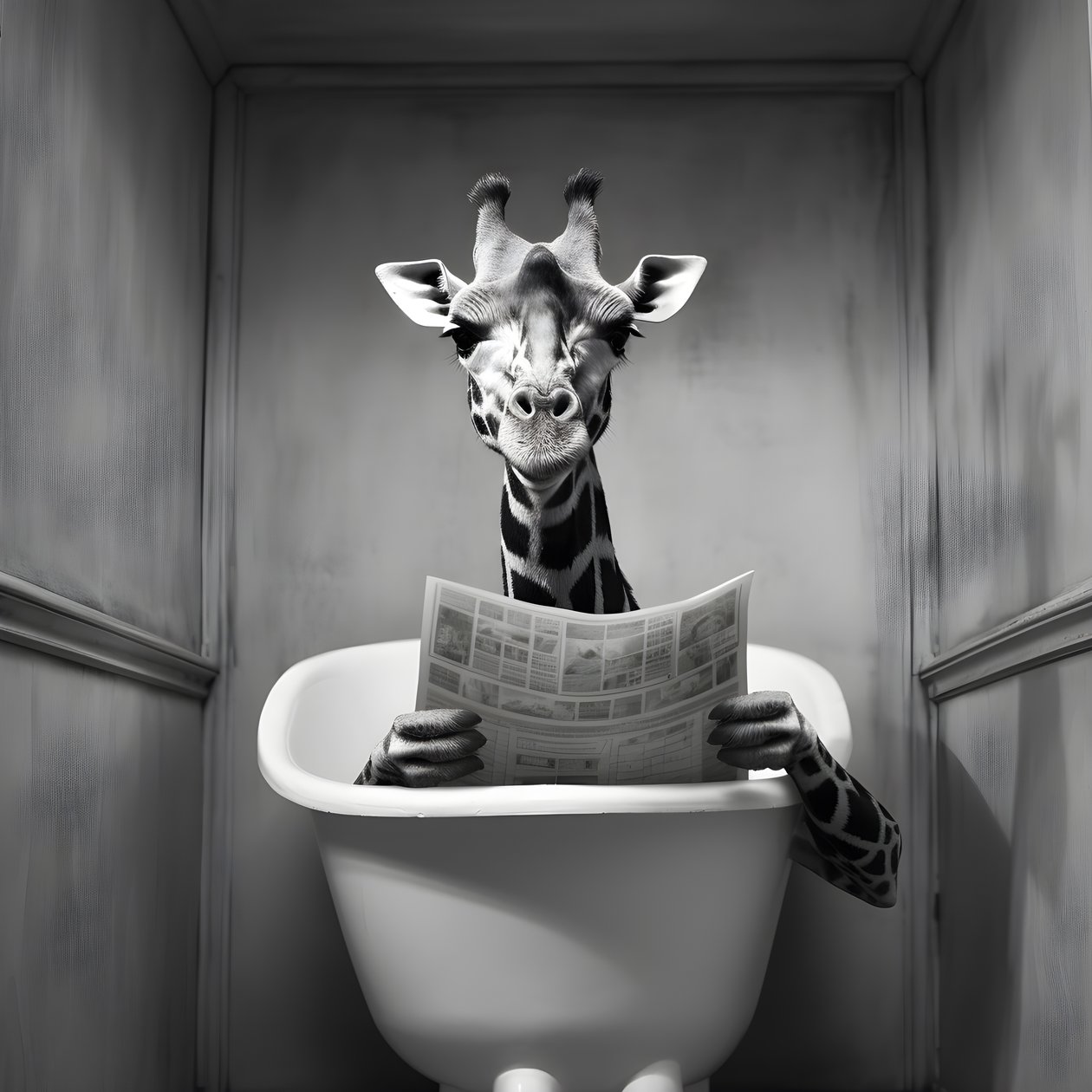 Happy giraffe sitting on toilet with newspaper 1 by Kurt Heppke