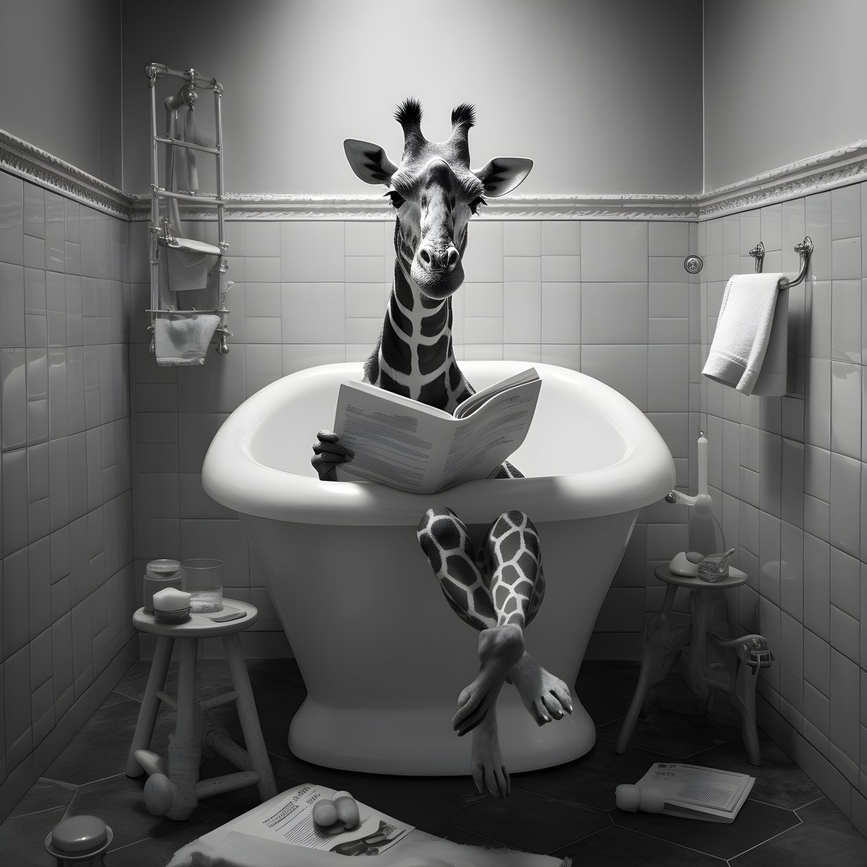 Happy giraffe sitting on toilet with newspaper 2 by Kurt Heppke