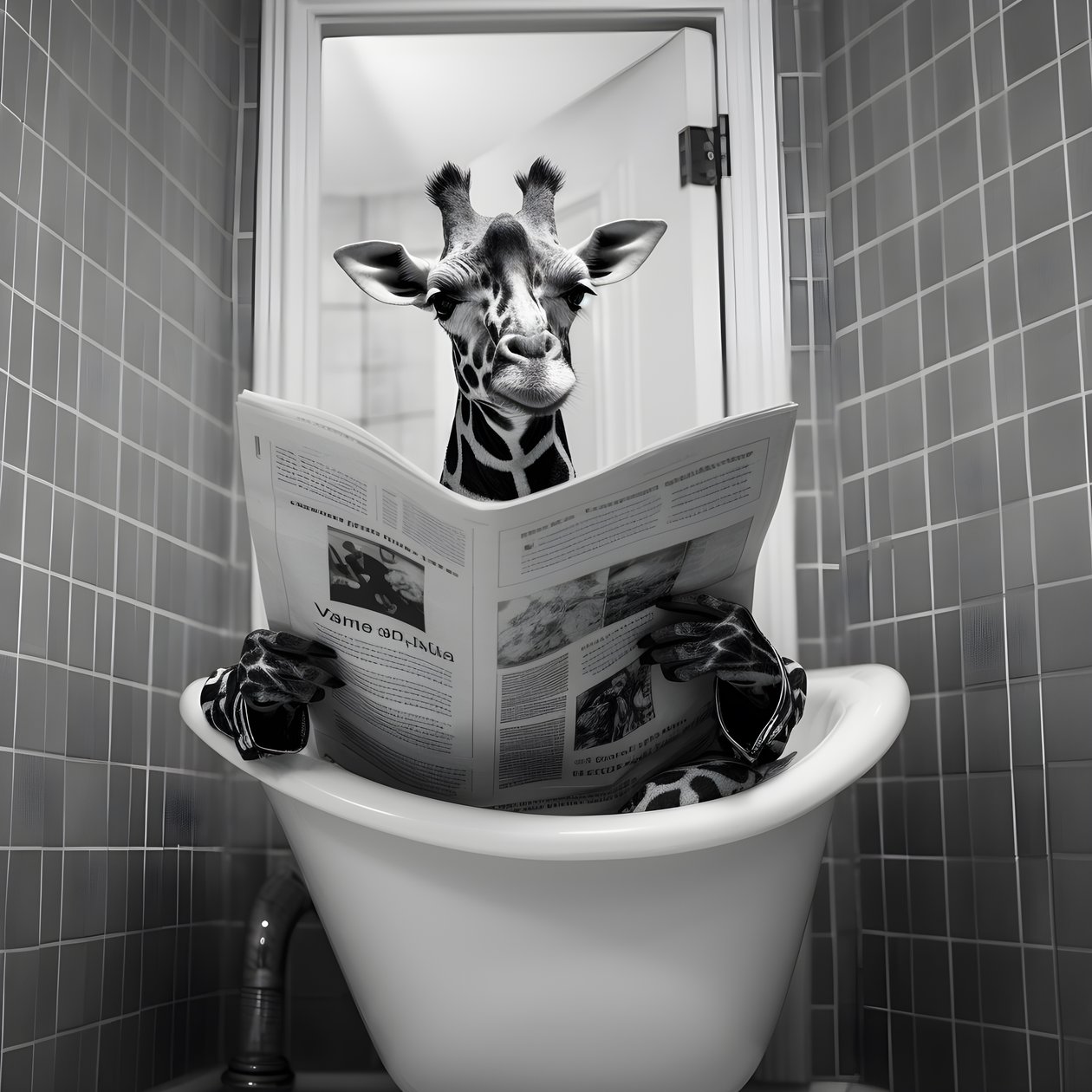 Happy giraffe sitting on toilet with newspaper 3 by Kurt Heppke