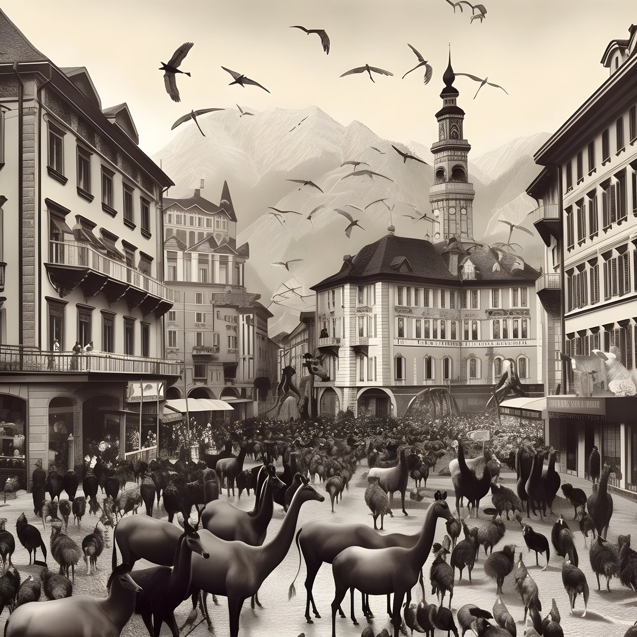 Innsbruck in an Old Photograph with Elegant Zebras, Seagulls, Monkeys, and Clay Figures. 4 by Kurt Heppke