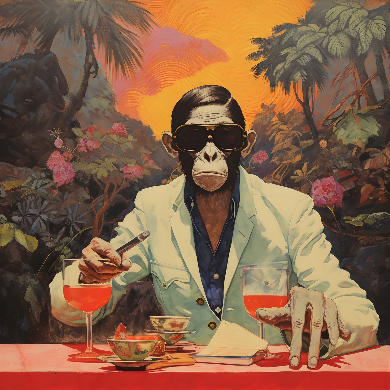 Close-Up of a Cool Monkey in a Japanese Kimono, with Sunglasses, in a Tropical Landscape 1 by Kurt Heppke
