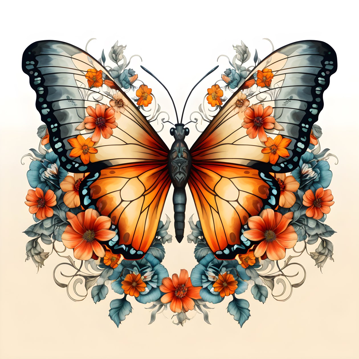Butterfly in the Center, Symmetrical, with Flowers in the Background 3 by Kurt Heppke