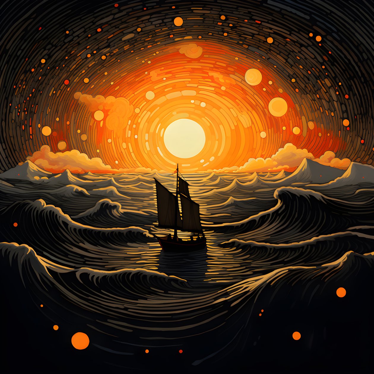 Sunset, Orange-Yellow Sun, Clouds, Five Rotating Circles of Clouds in a Large Sky, Dot-Like Waves and Orange-Yellow Sunset Clouds Reflecting on the Waves, a Boat Sailing Out to Sea 3 by Kurt Heppke