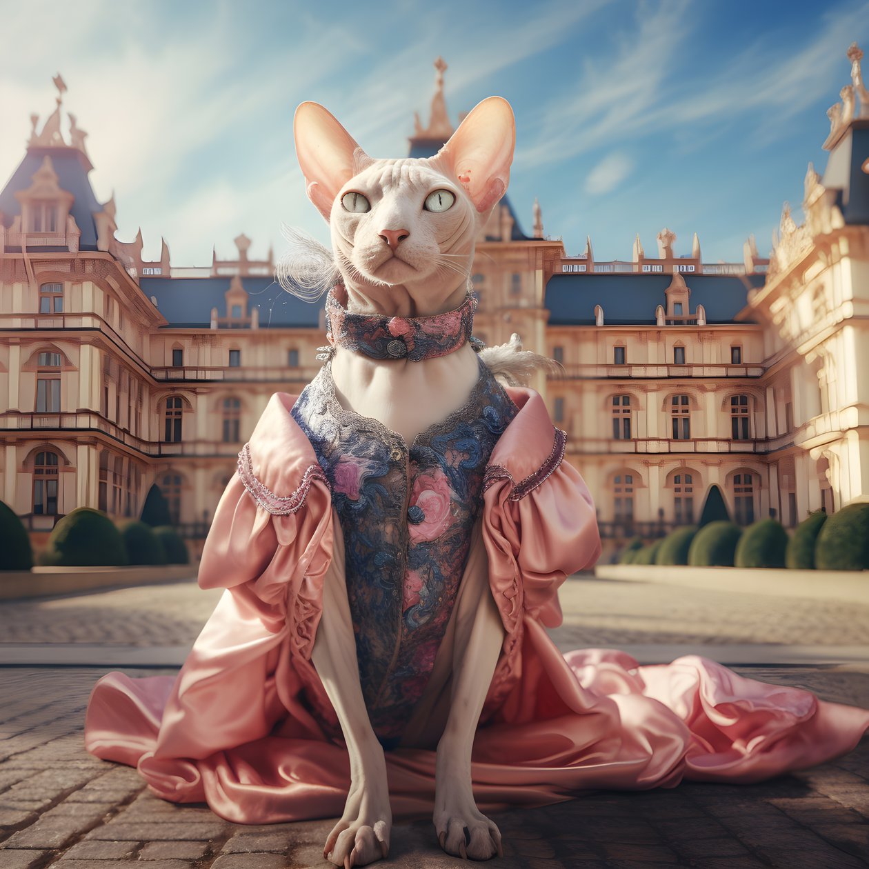Sphynx Cat in a Ball Gown in Front of a Magnificent Palace in Medieval Style 1 by Kurt Heppke