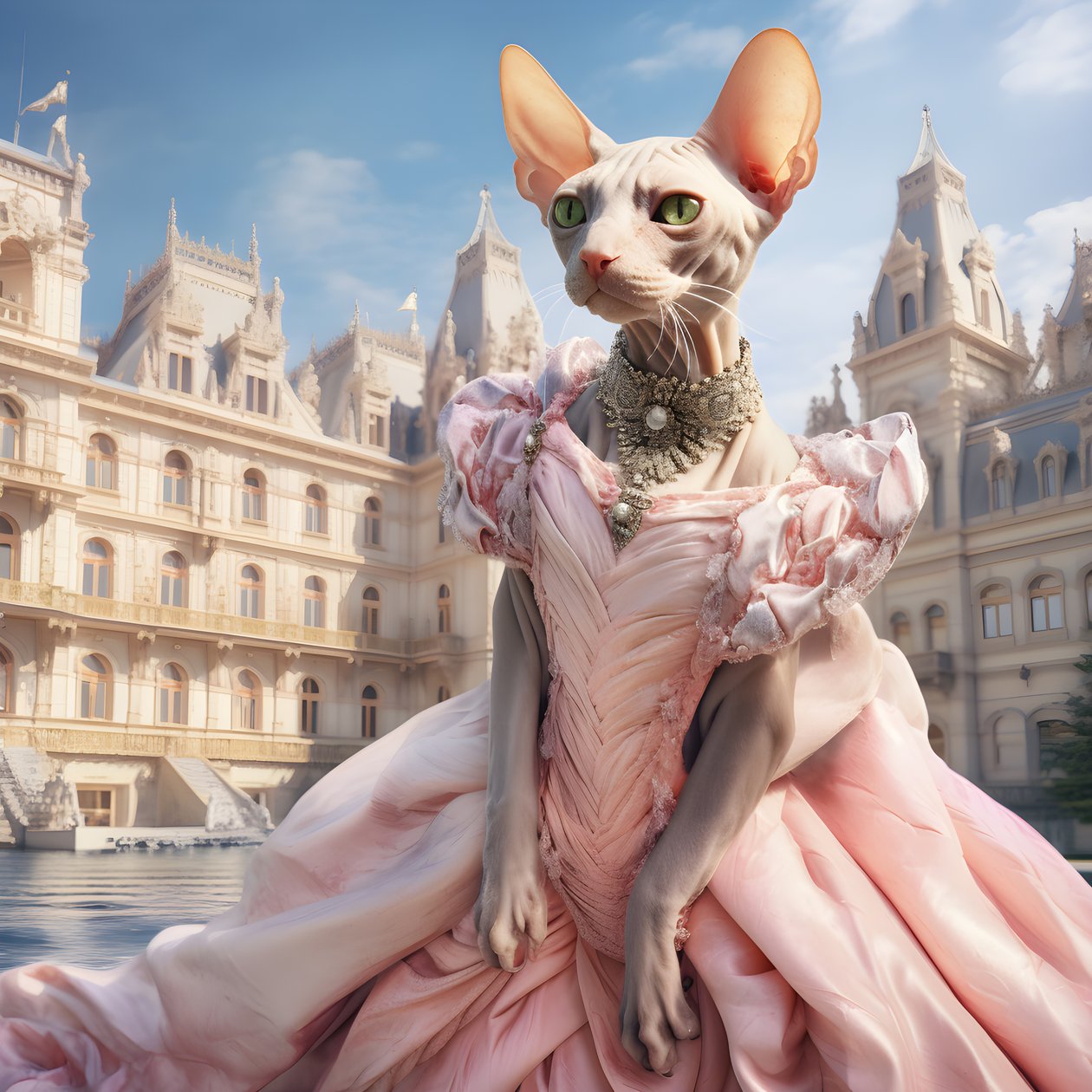 Sphynx Cat in a Ball Gown in Front of a Magnificent Palace in Medieval Style 2 by Kurt Heppke