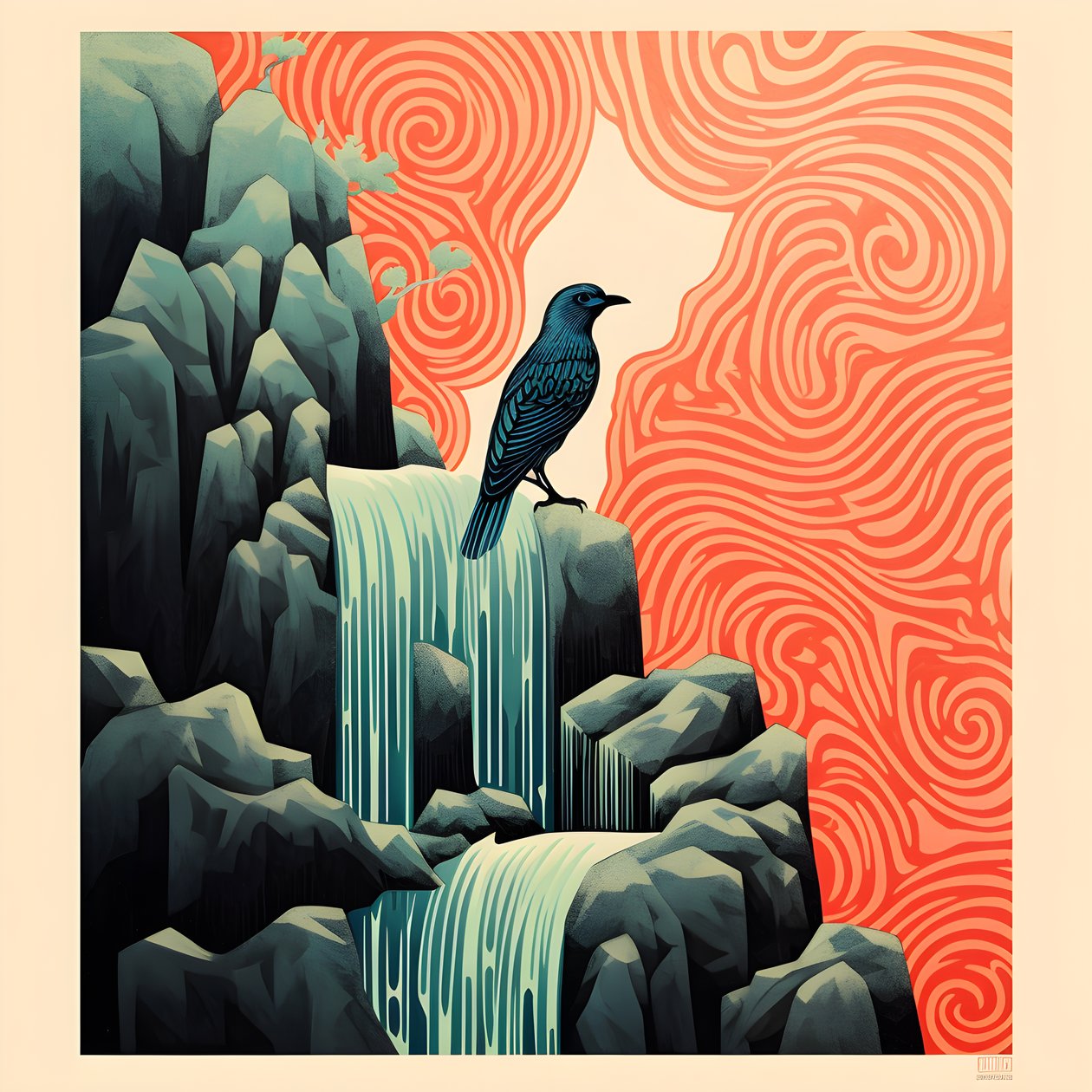 Ultra-Minimalist Illustration of a Colorful Tropical Bird Sitting on a Branched Plant in Front of a Mountain Stream with a Beautiful Waterfall 3 by Kurt Heppke