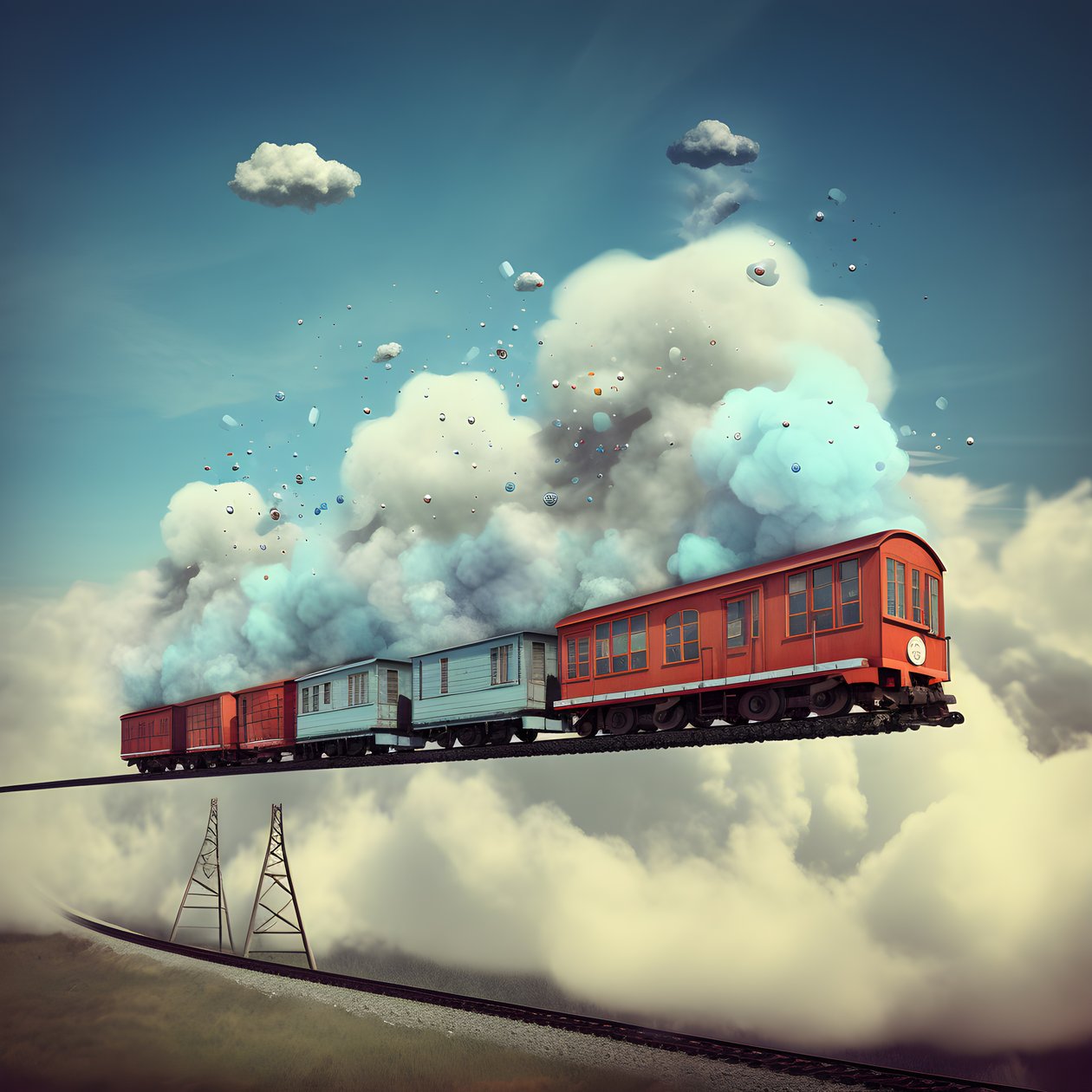 A Fast Moving Social Media Train Flying Through the Clouds Hanging by a Thread 3 by Kurt Heppke