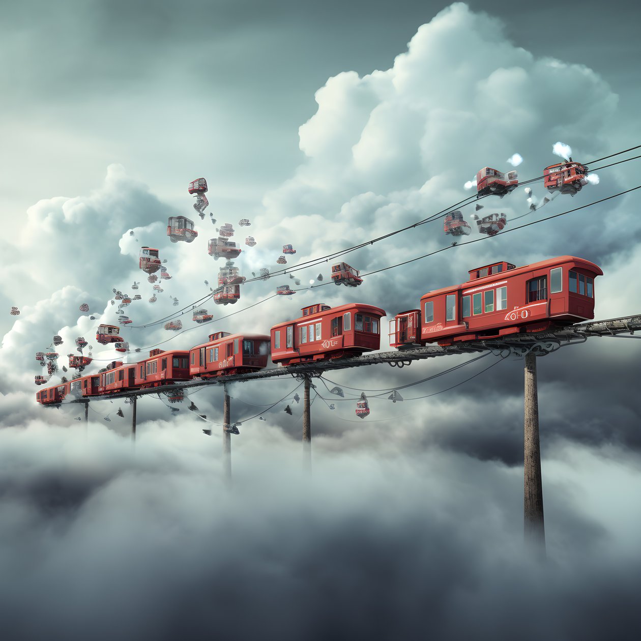 A Fast Moving Social Media Train Flying Through the Clouds Hanging by a Thread 4 by Kurt Heppke