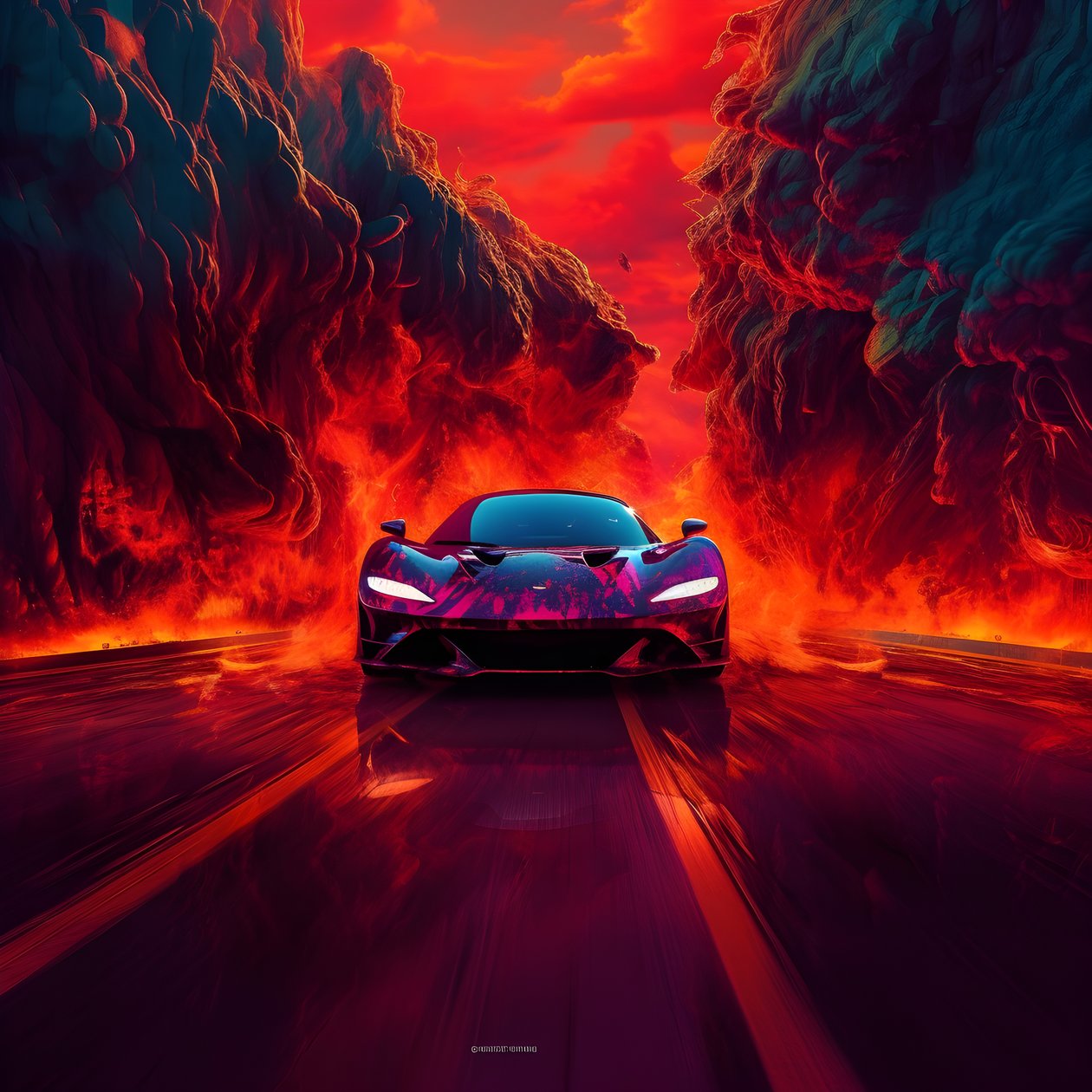 A luxury car on a path with glowing red background by Kurt Heppke