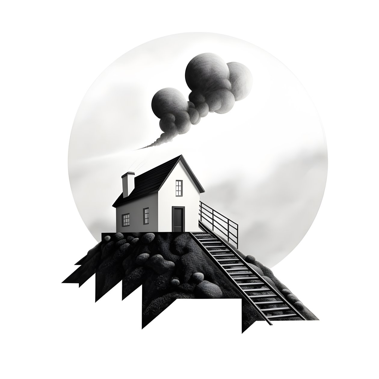 Illustration of a House with Solar Panels and Arrow Pointing Upwards by Kurt Heppke