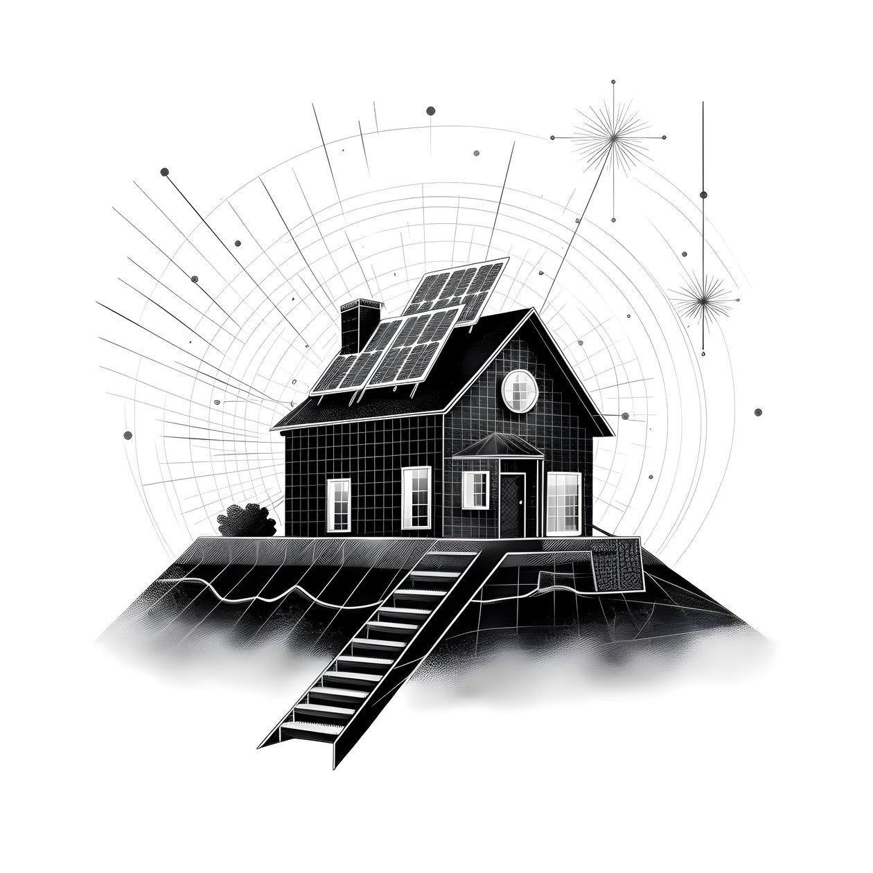 Illustration of a House with Solar Panels and Arrow Pointing Upwards by Kurt Heppke