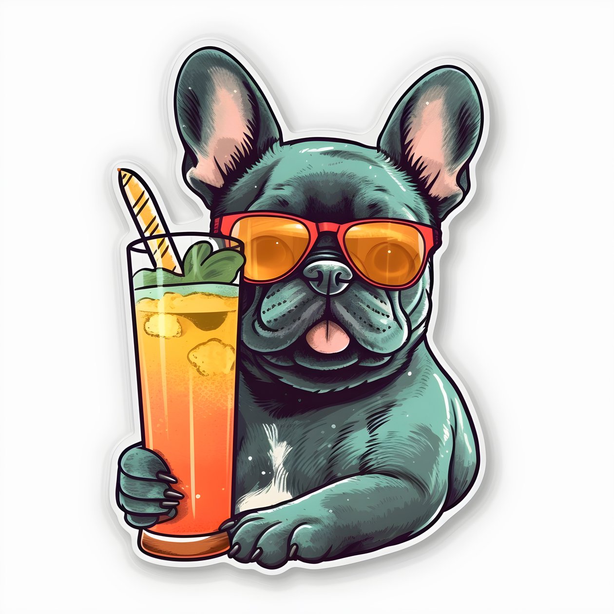 Sticker, Cool French Bulldogs Drinking a Cocktail 2 by Kurt Heppke
