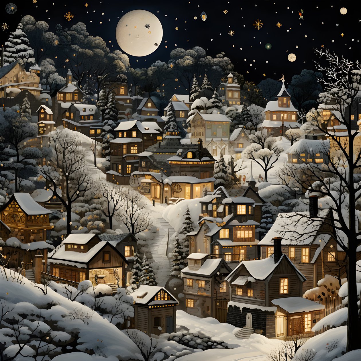 A Village at Night Under Snowy Trees 2 by Kurt Heppke