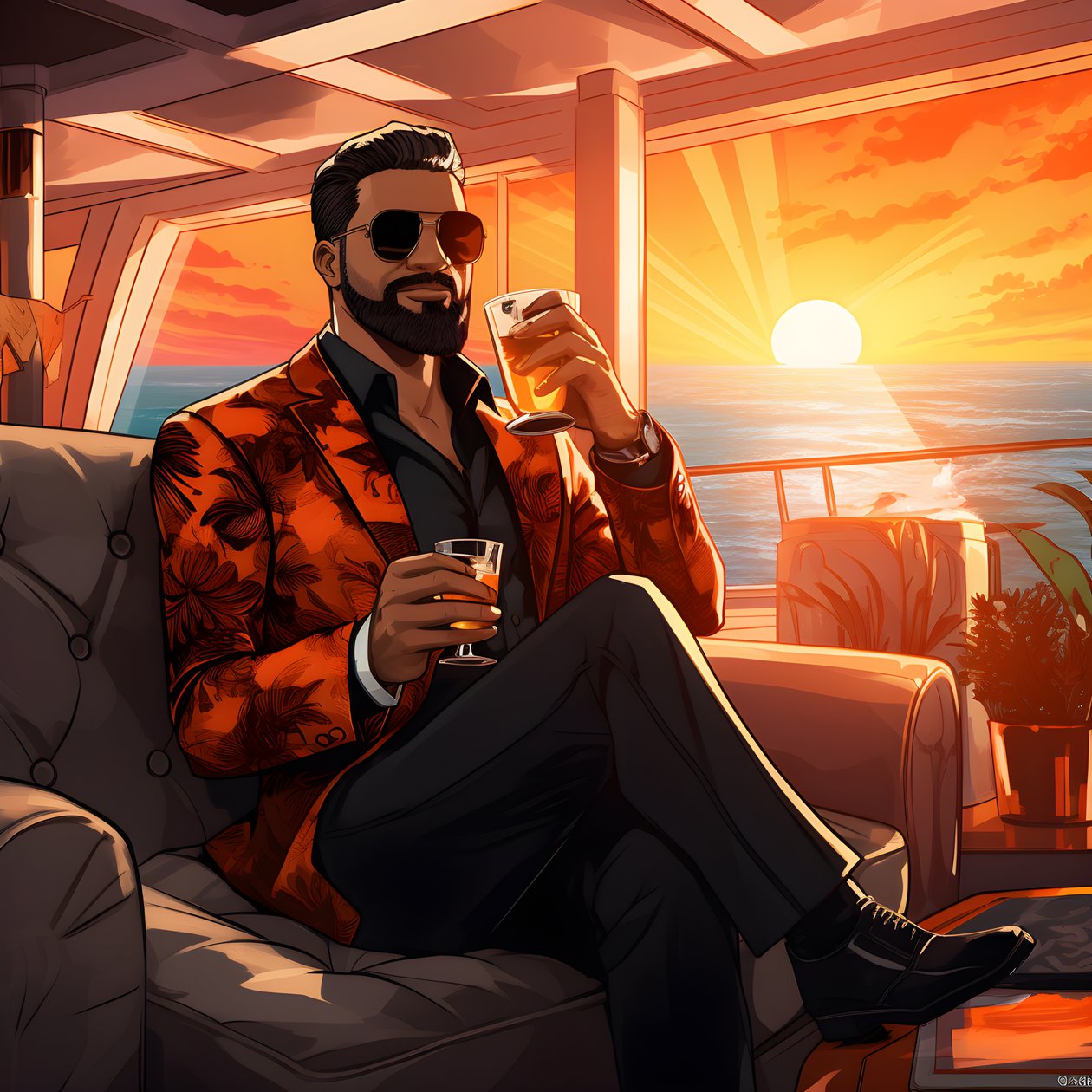 A Rich Man, Well-Dressed, Sitting on a Private Cruise Ship and Drinking a Cocktail 3 by Kurt Heppke