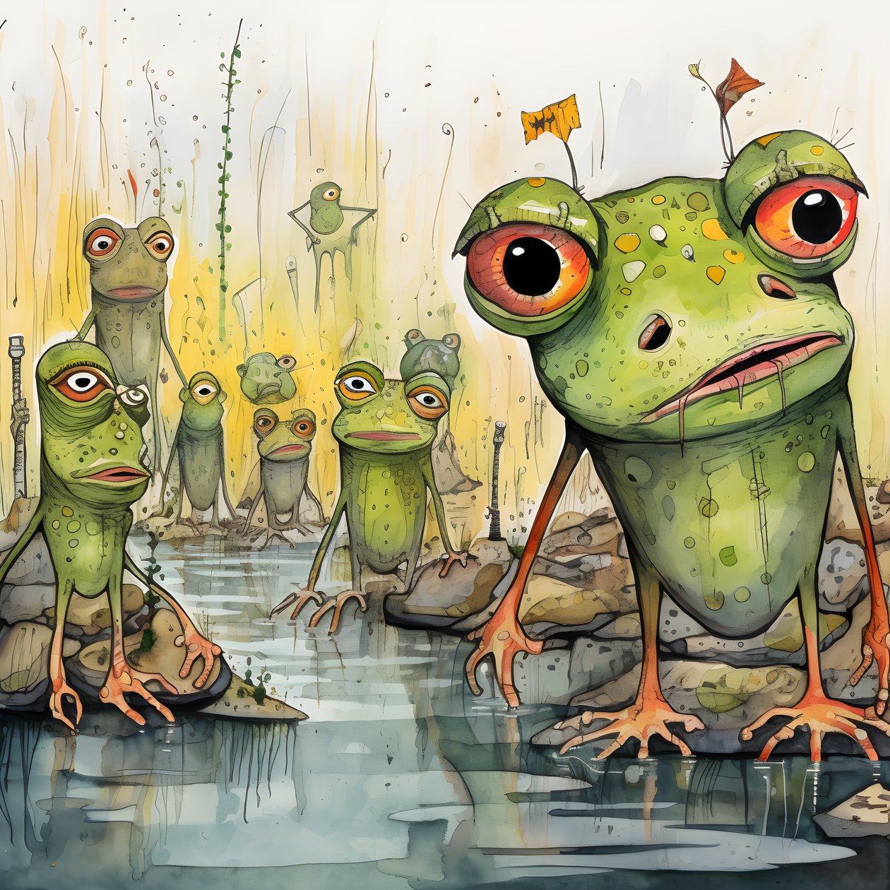 Full-page watercolor and ink painting of frogs 3 by Kurt Heppke