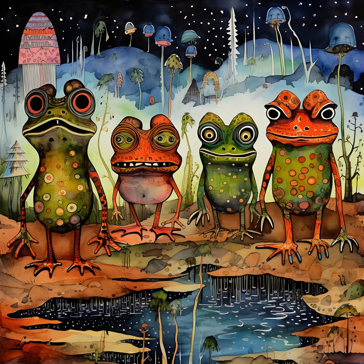 Full-page watercolor and ink painting of frogs 4 by Kurt Heppke