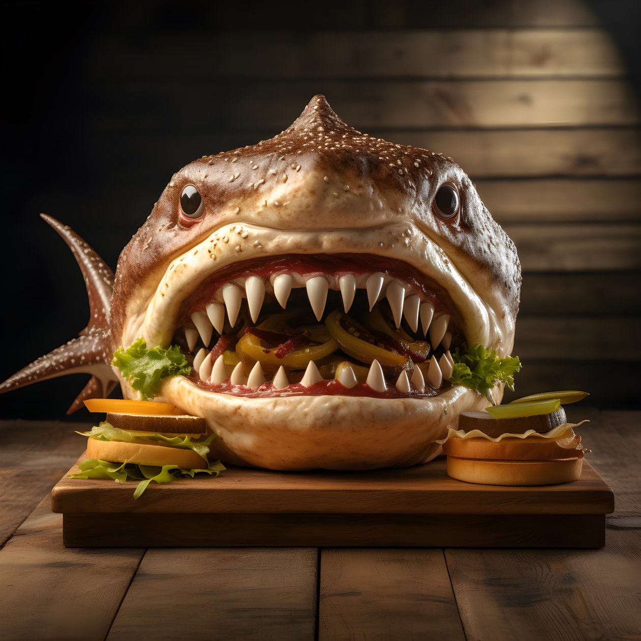 Large Shark Head Cheeseburger with Beef on Wooden Board 2 by Kurt Heppke