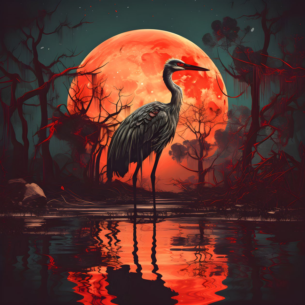 Water and a Big Bird Standing in the Evening Setting for Full Moon 1 by Kurt Heppke