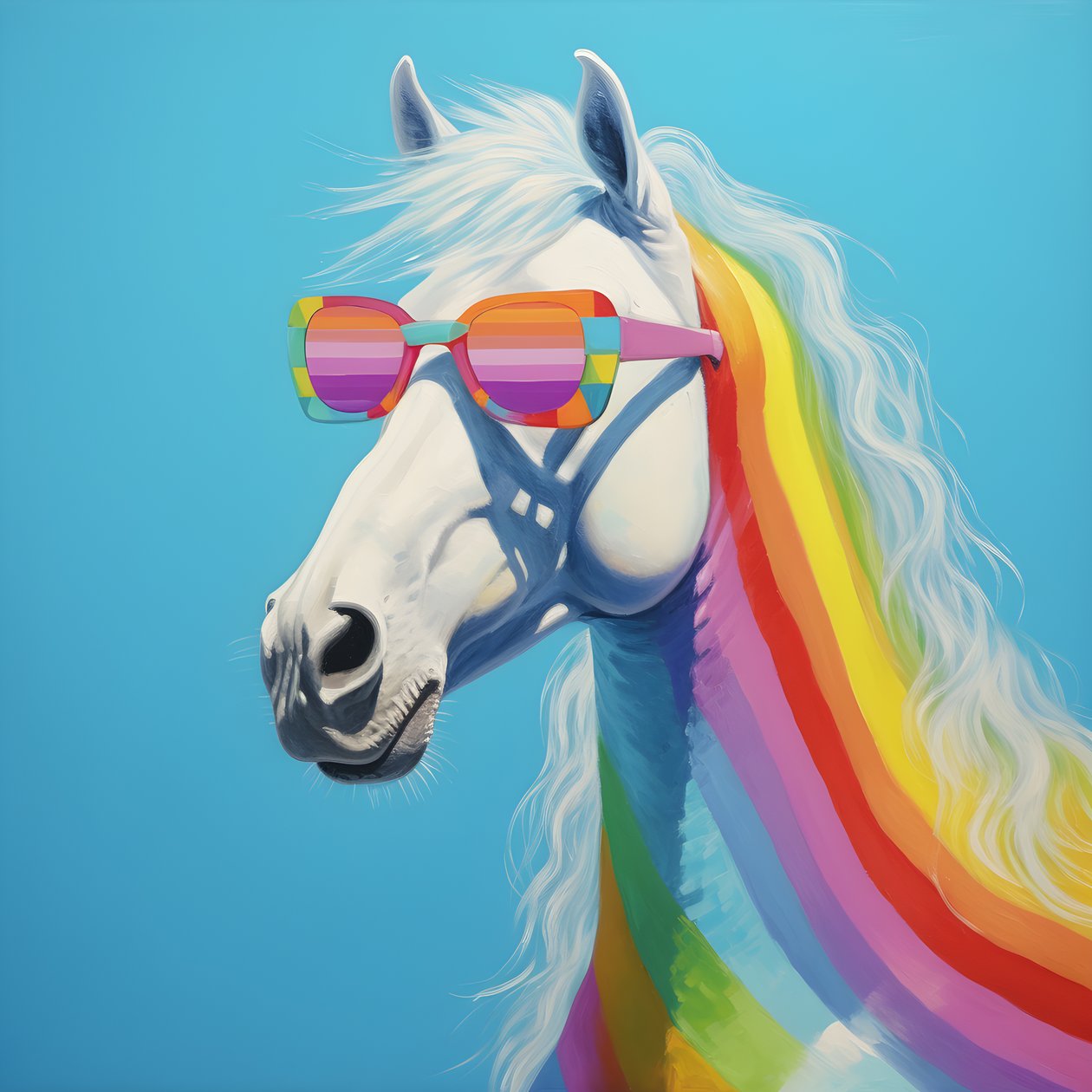 White Horse with Rainbow Glasses on Blue Background 2 by Kurt Heppke