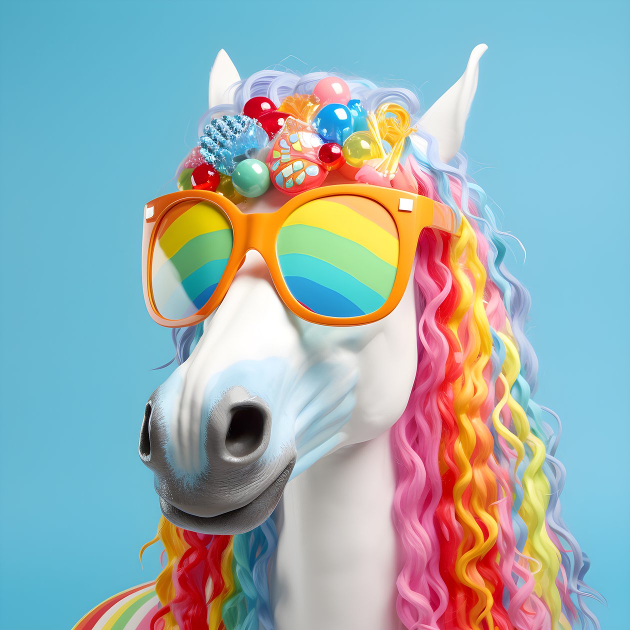 White Horse with Rainbow Glasses on Blue Background 4 by Kurt Heppke