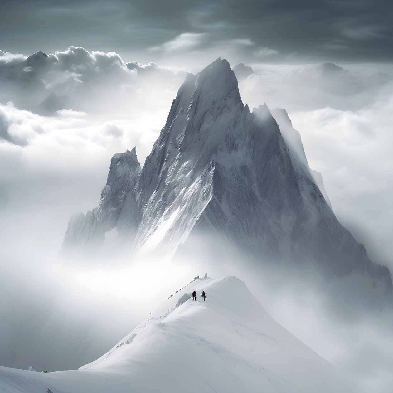 Two People Skiing Over a Cloudy Mountain 4 by Kurt Heppke