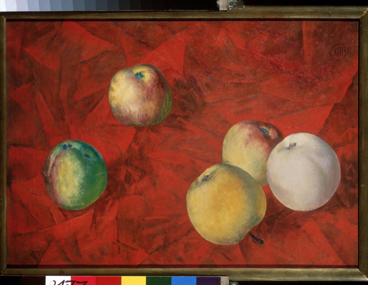 Apples On The Red Background. Painting by Kuzma Sergeyevich Petrov Vodkin by Kuzma Sergeevich Petrov-Vodkin