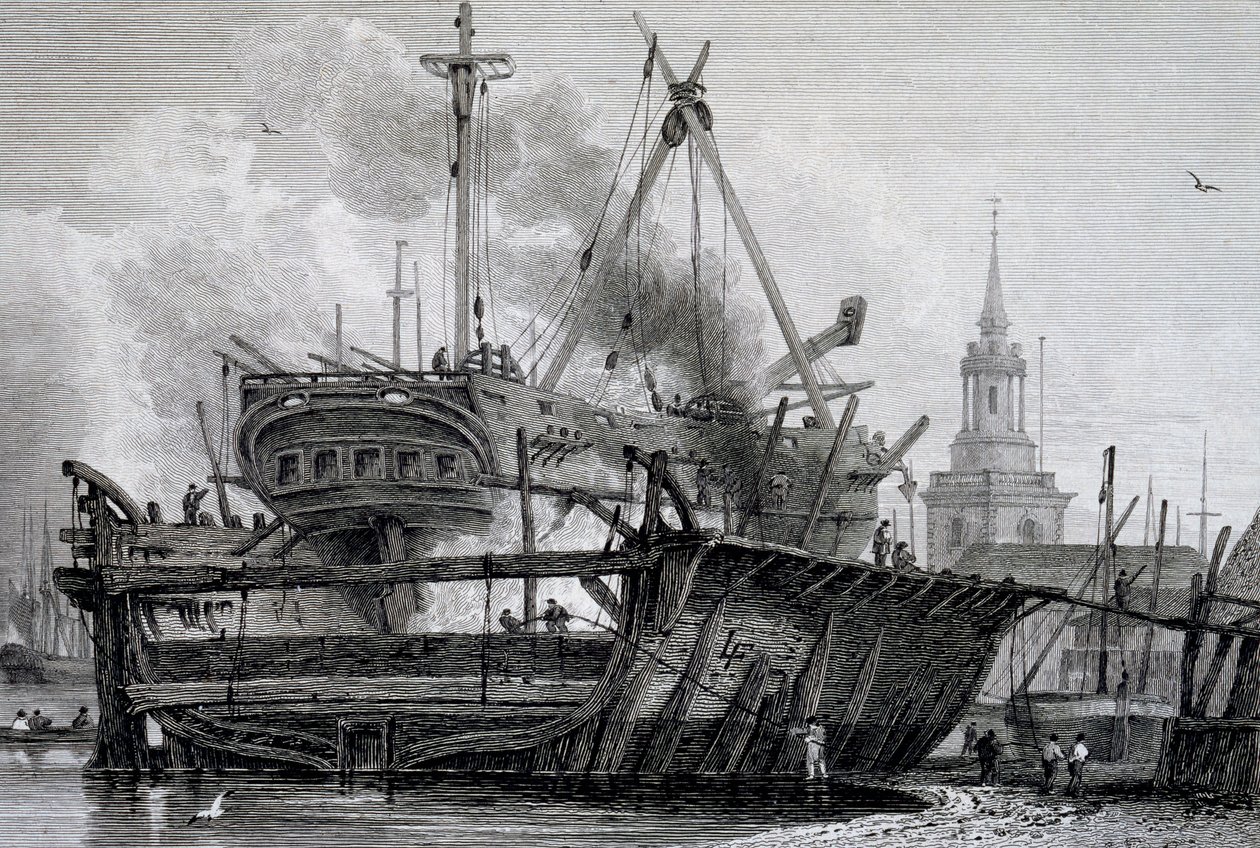 Rotherhithe, the Floating Dock in 1815, engraved by J. C. Allen, from Views on the Thames published by WB & George Cooke by L. Francia