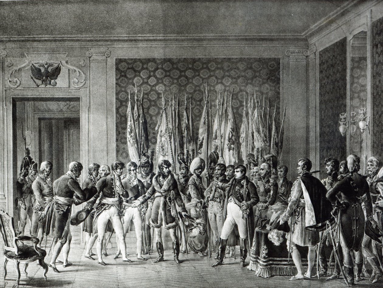 Napoleon gives the flags won at Austerlitz in 1805 to the Mayors of Paris visiting him at Schonbrunn by L. Marin